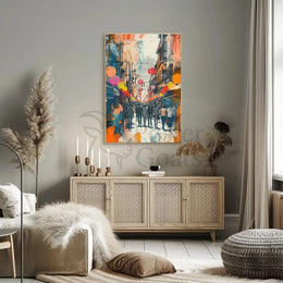 Festive East Asian Street Scene Vibrant Abstract Poster PosterGoat