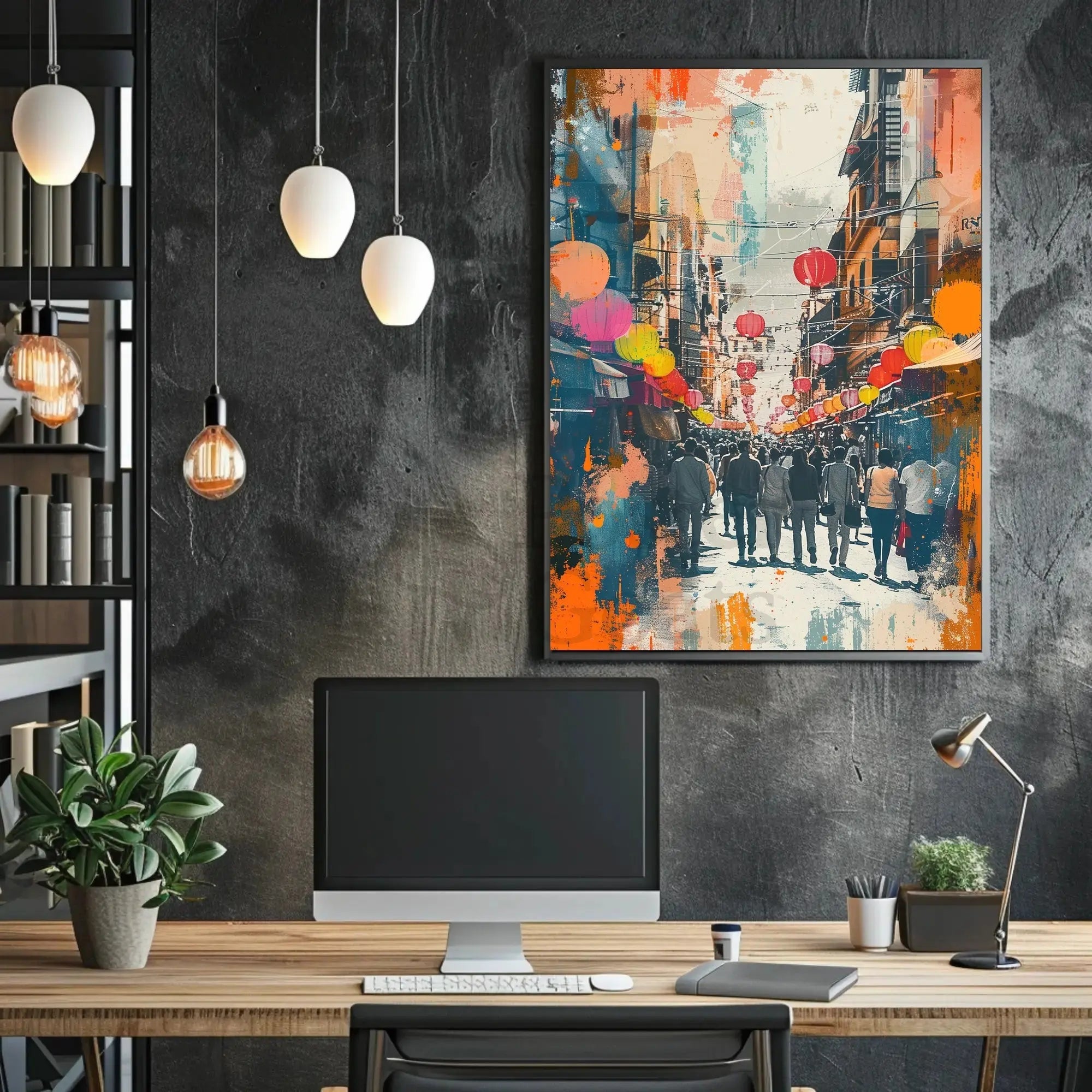 Festive East Asian Street Scene Vibrant Abstract Poster PosterGoat