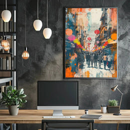 Festive East Asian Street Scene Vibrant Abstract Poster PosterGoat