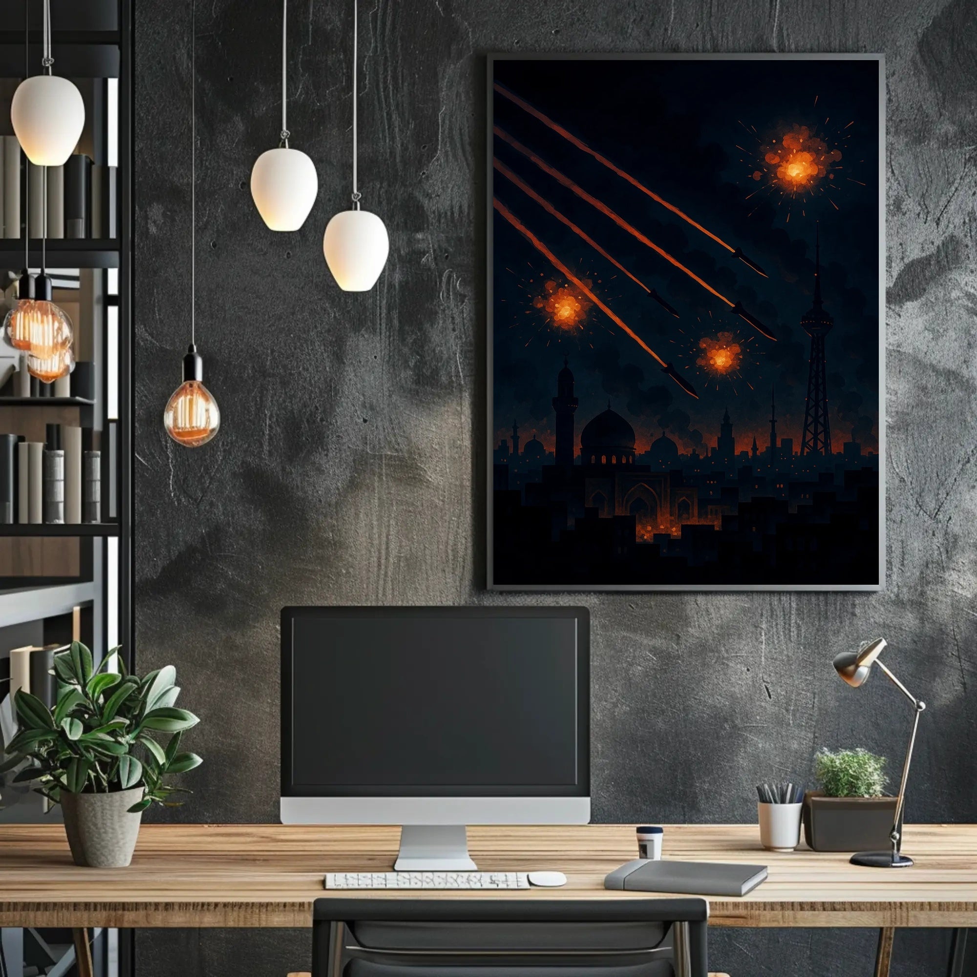 Fiery Chaos Over Cityscape: Futuristic Sci-Fi Poster PosterGoat