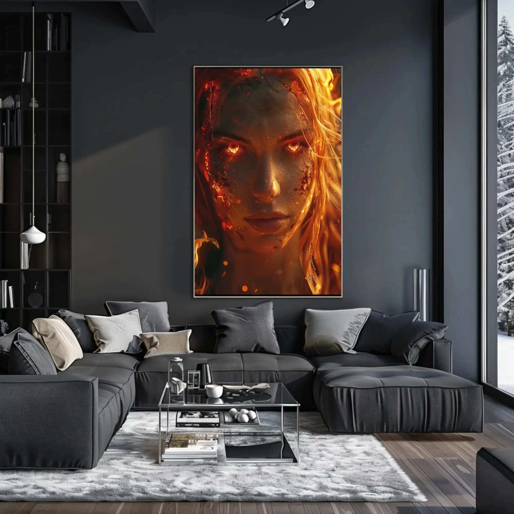 Fiery Transformation Hyper-Realistic Futuristic Sci-Fi Poster PosterGoat