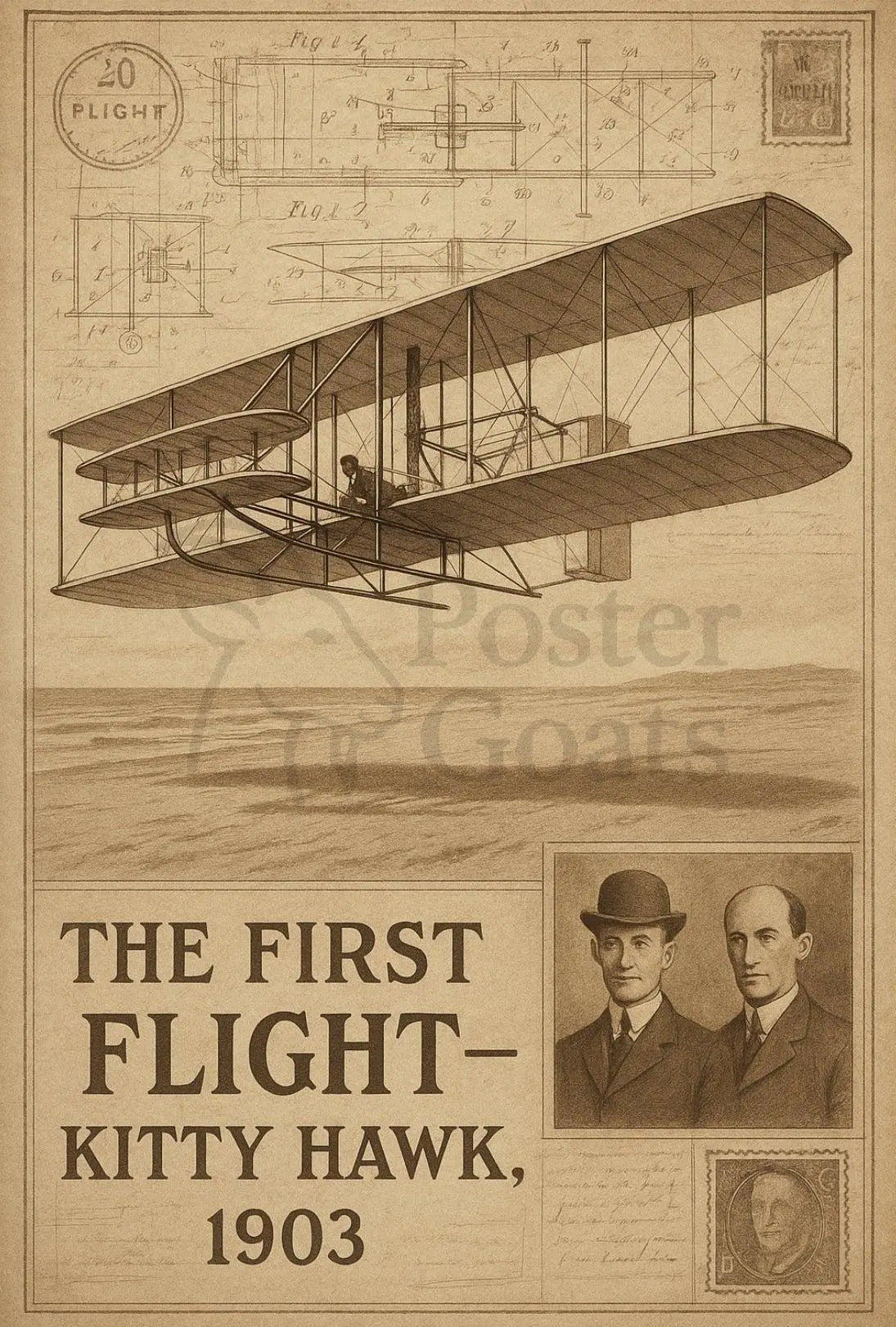 First Flight Wright Brothers Historical Aviation Poster PosterGoat