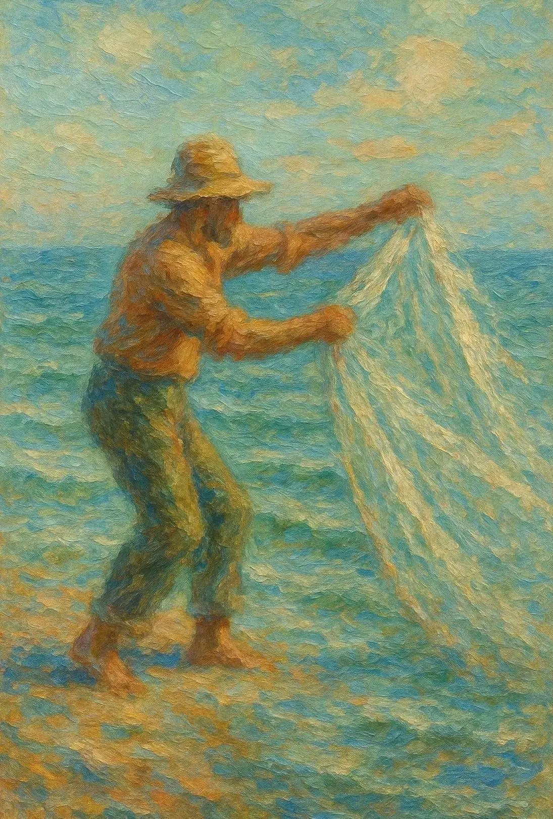 Fishing by the Seaside Impressionistic Artistic Poster PosterGoat