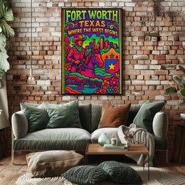Fort Worth Psychedelic Western Heritage Travel Poster PosterGoat