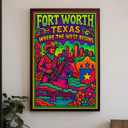 Fort Worth Psychedelic Western Heritage Travel Poster PosterGoat