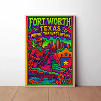 Fort Worth Psychedelic Western Heritage Travel Poster PosterGoat