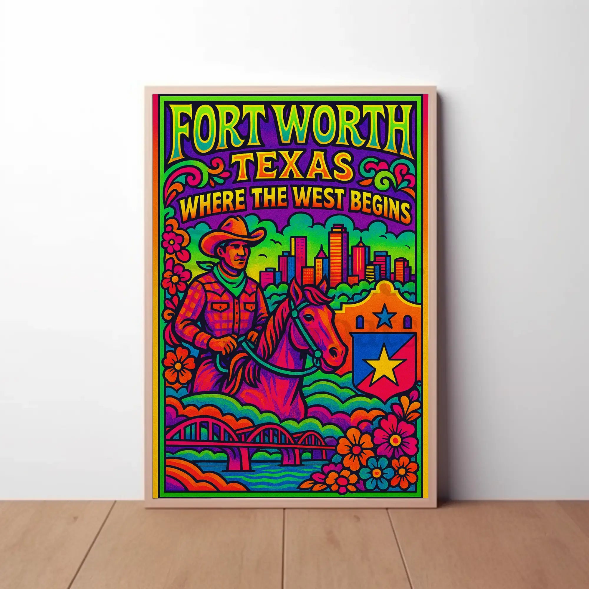 Fort Worth Psychedelic Western Heritage Travel Poster PosterGoat