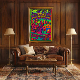 Fort Worth Psychedelic Western Heritage Travel Poster PosterGoat