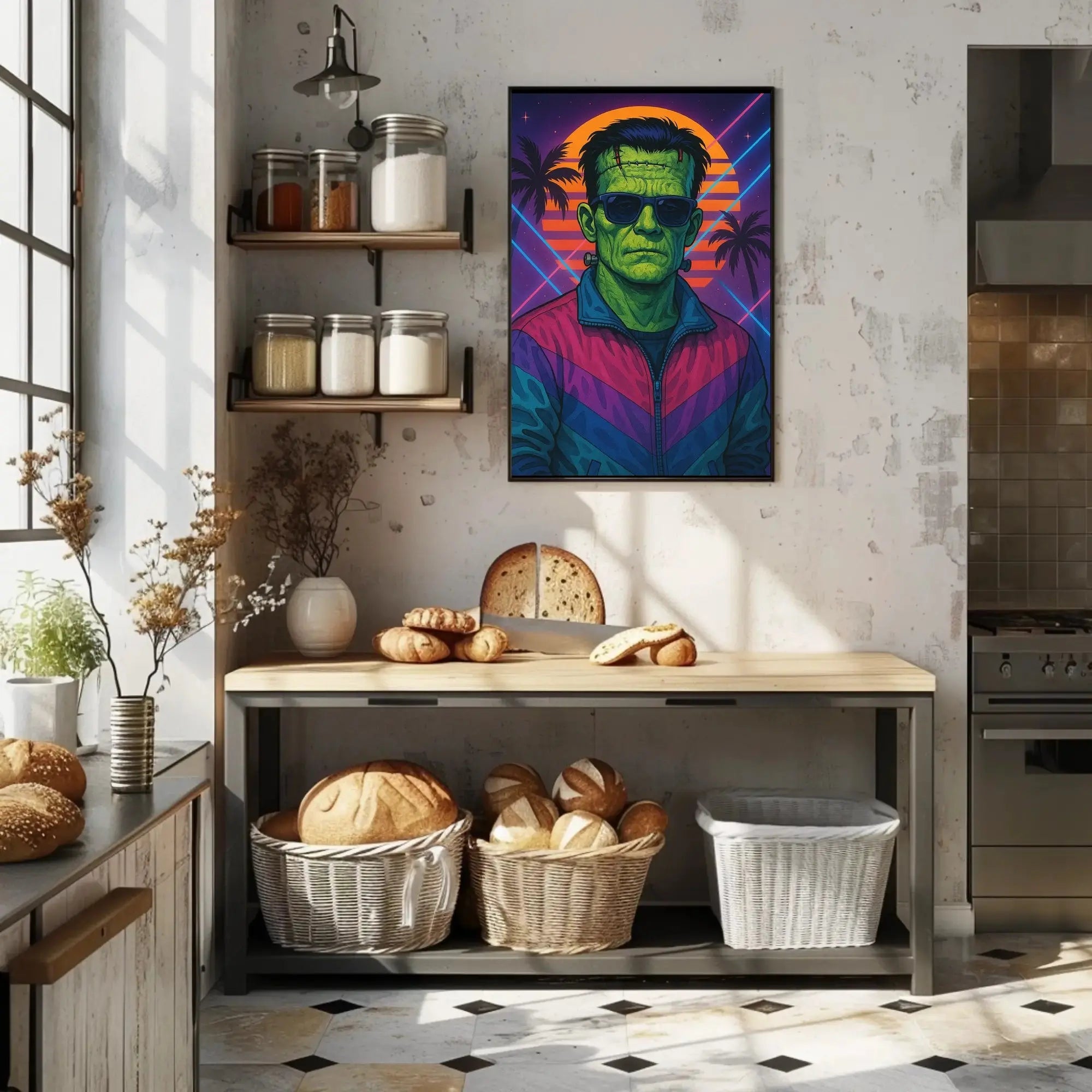Frankenstein Monster Miami Vibes Pop Culture Poster PosterGoat