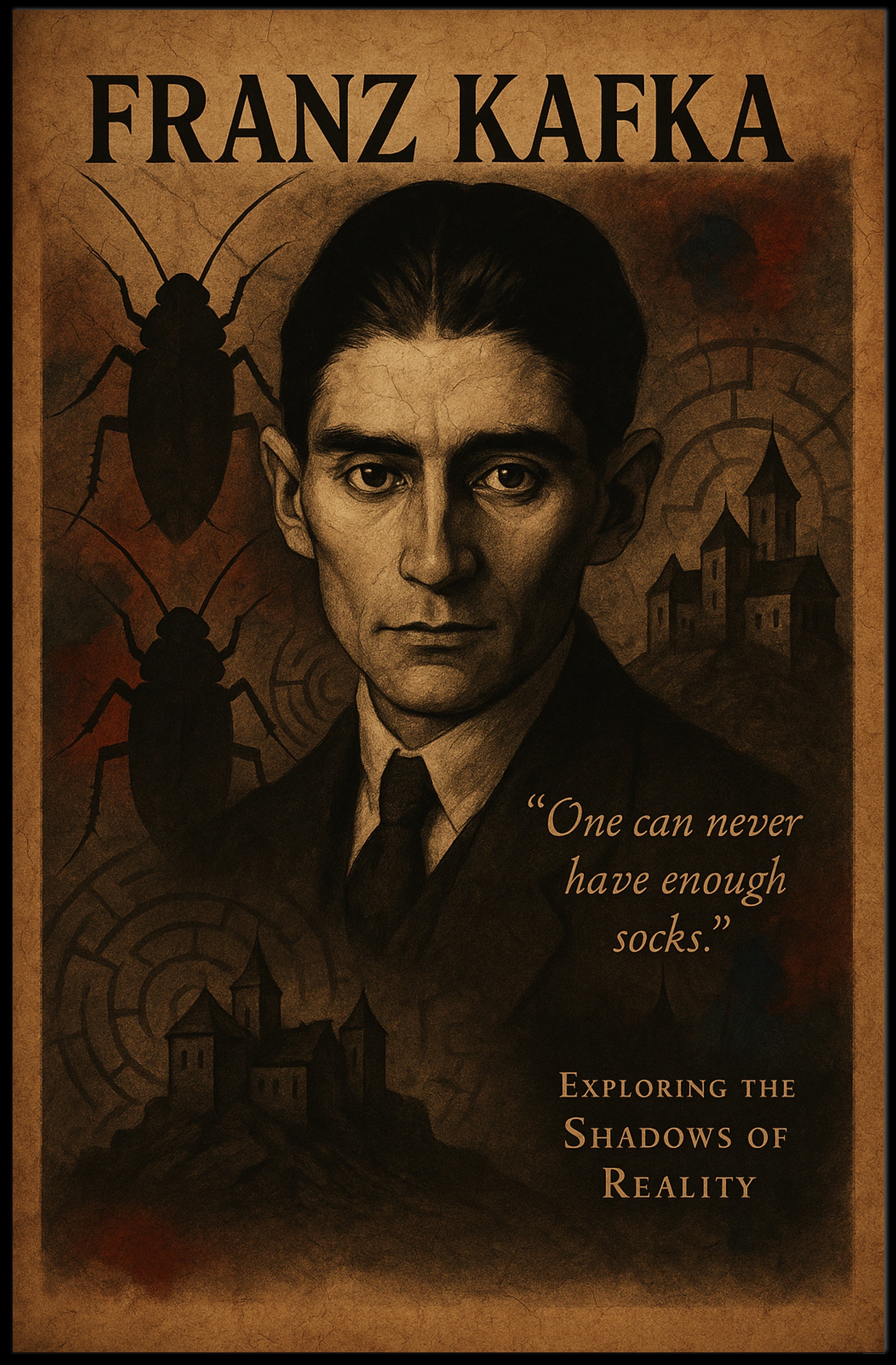 Franz Kafka Exploring the Shadows of Reality Poster PosterGoat