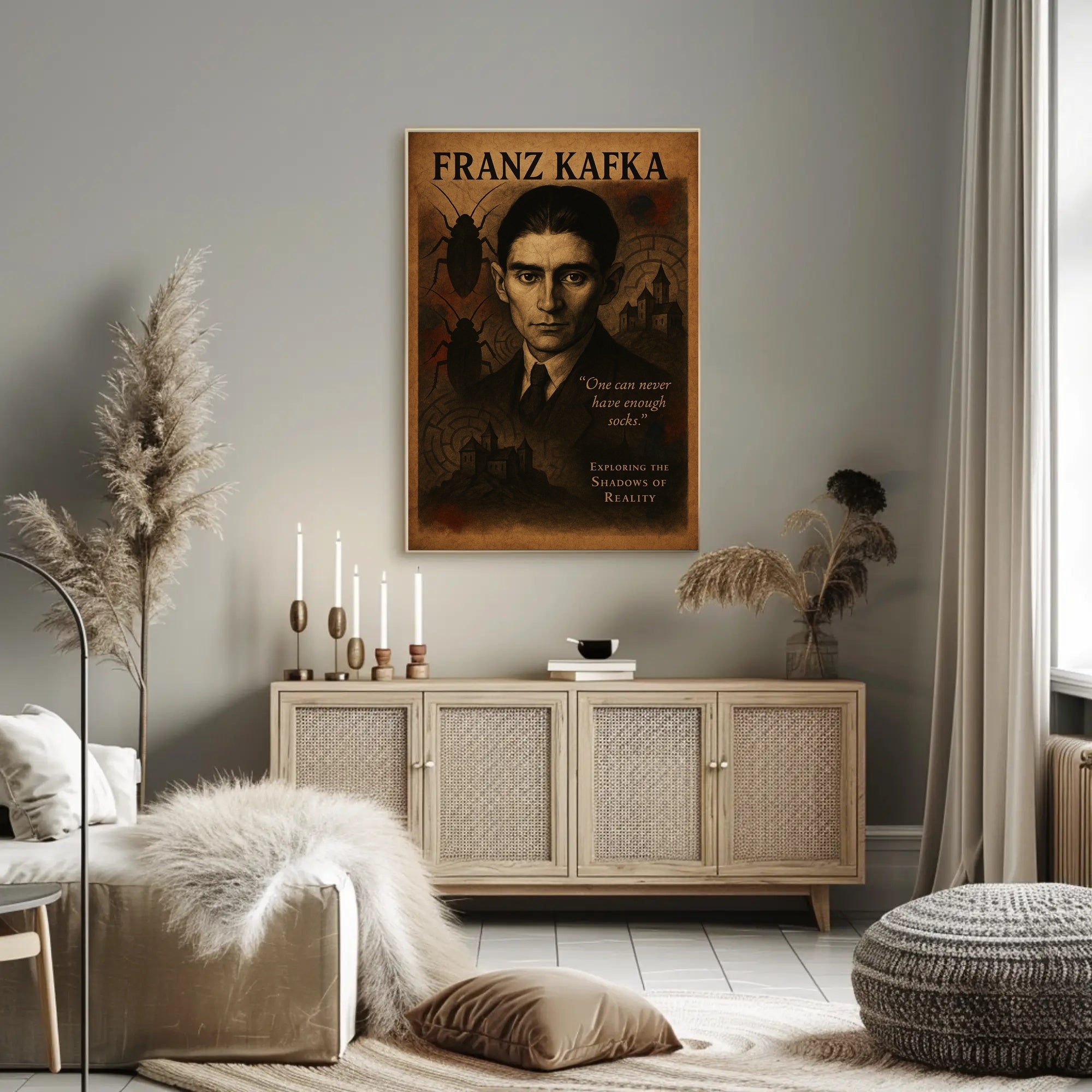 Franz Kafka Exploring the Shadows of Reality Poster PosterGoat