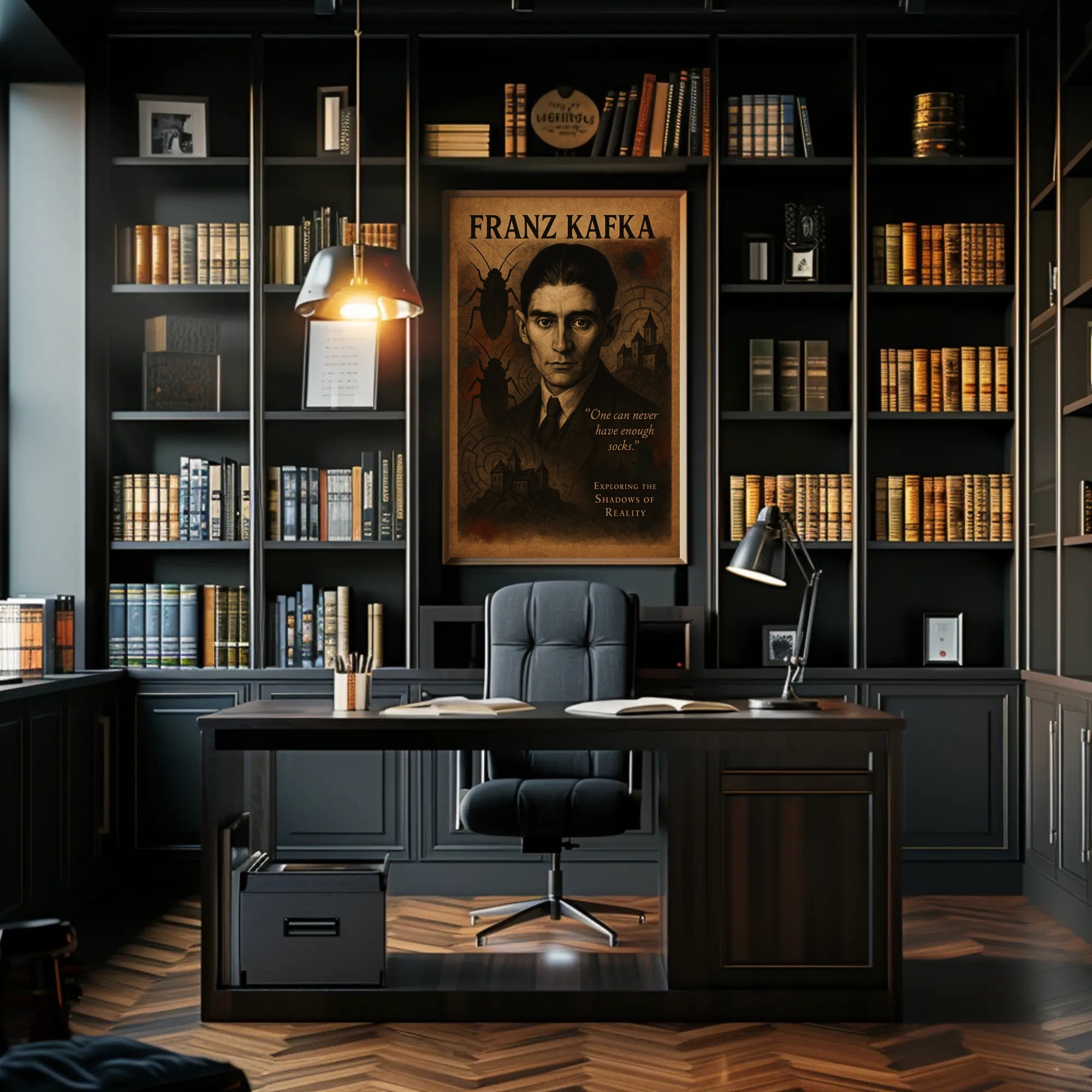 Franz Kafka Exploring the Shadows of Reality Poster PosterGoat
