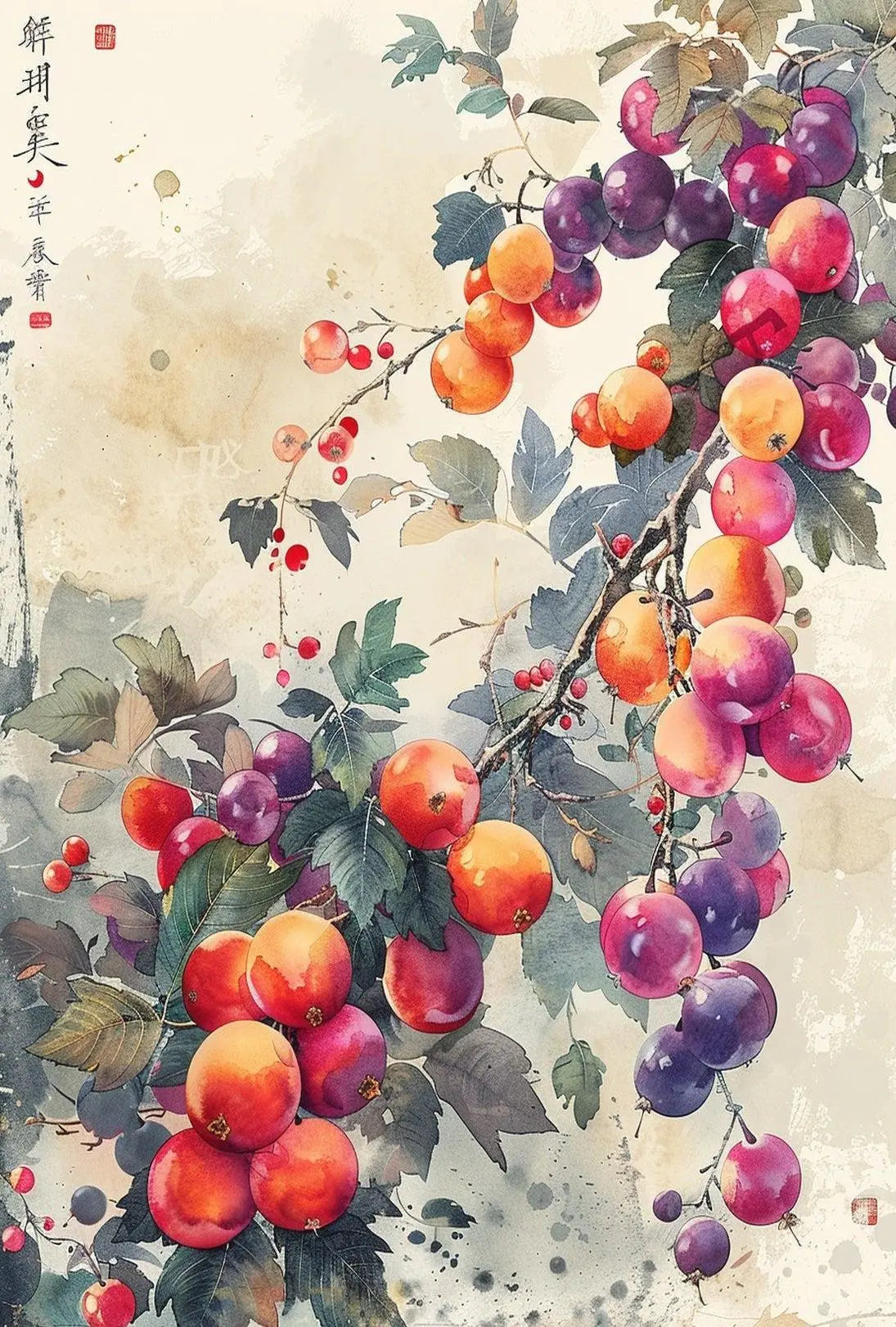 Fruitful Harmony: Traditional East Asian Garden Art Poster PosterGoat