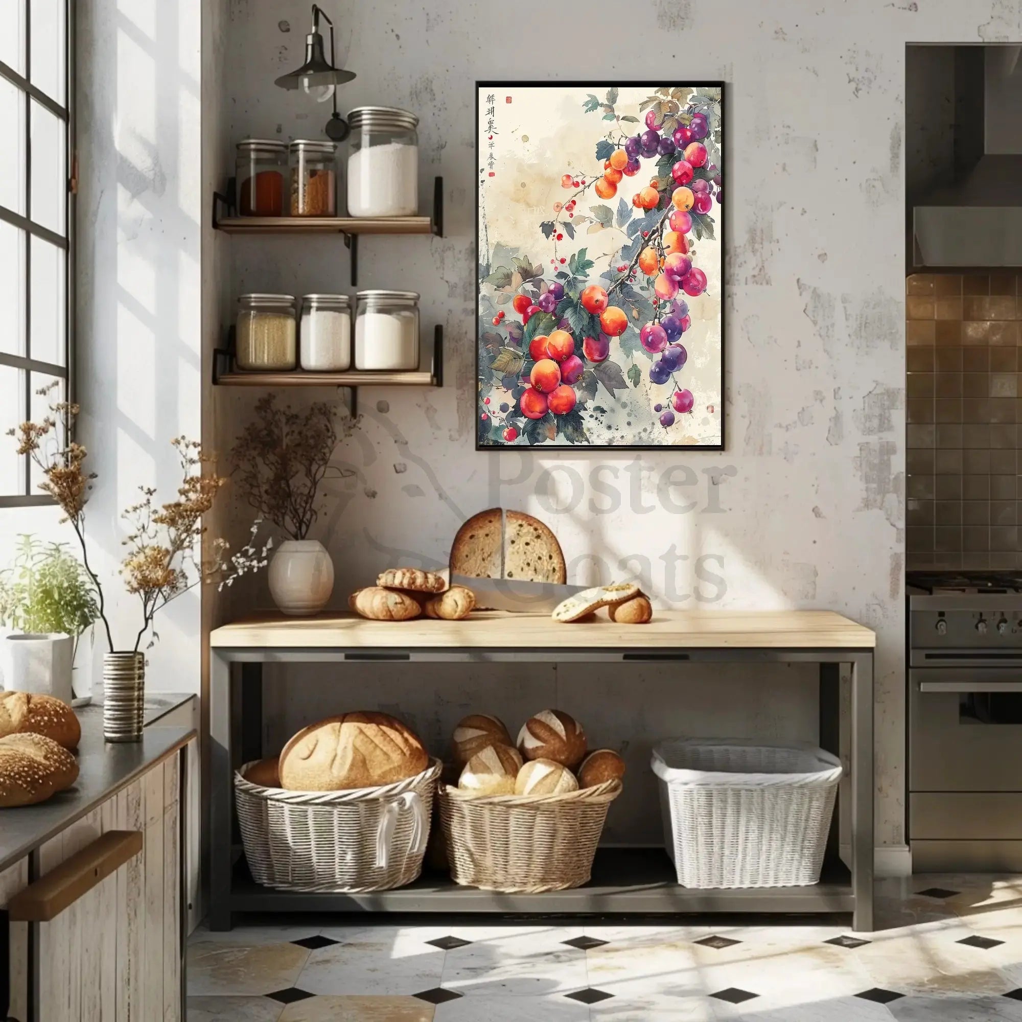 Fruitful Harmony: Traditional East Asian Garden Art Poster PosterGoat