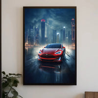 Futuristic Car in Urban Cityscape Sci-Fi Poster PosterGoat