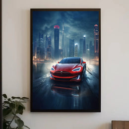 Futuristic Car in Urban Cityscape Sci-Fi Poster PosterGoat