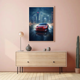 Futuristic Car in Urban Cityscape Sci-Fi Poster PosterGoat