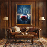 Futuristic Car in Urban Cityscape Sci-Fi Poster PosterGoat