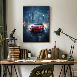 Futuristic Car in Urban Cityscape Sci-Fi Poster PosterGoat