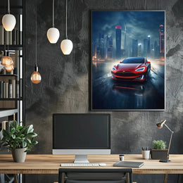 Futuristic Car in Urban Cityscape Sci-Fi Poster PosterGoat