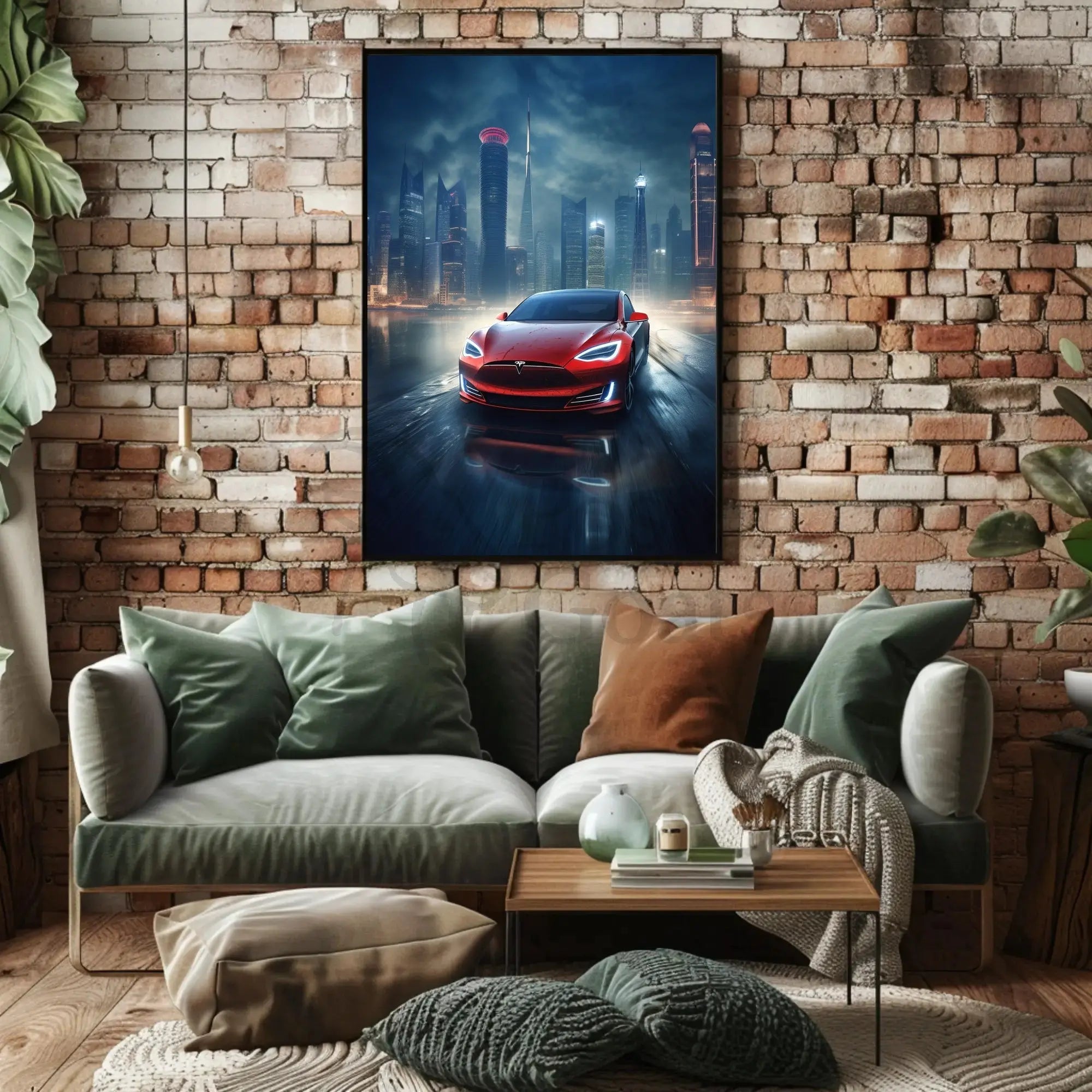 Futuristic Car in Urban Cityscape Sci-Fi Poster PosterGoat