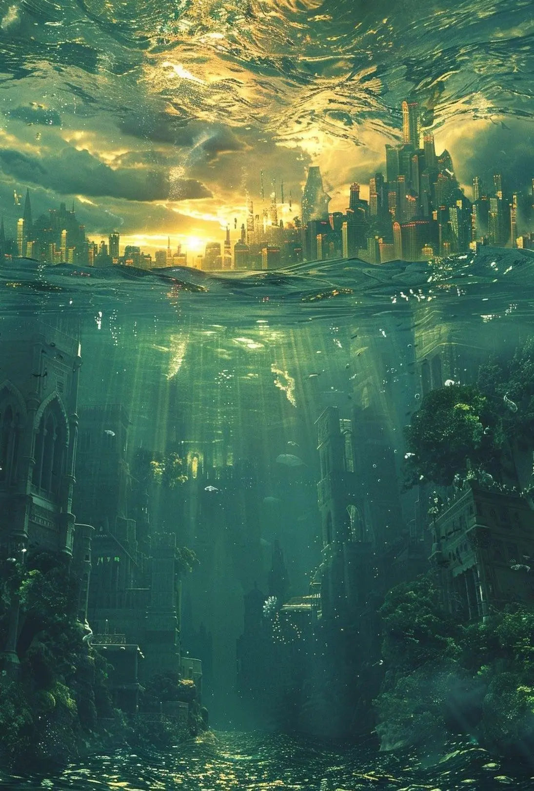 Futuristic City and Underwater World Artistic Sci-Fi Poster PosterGoat