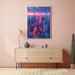 Futuristic Cityscape Illustration with Cyberpunk Aesthetic Poster PosterGoat