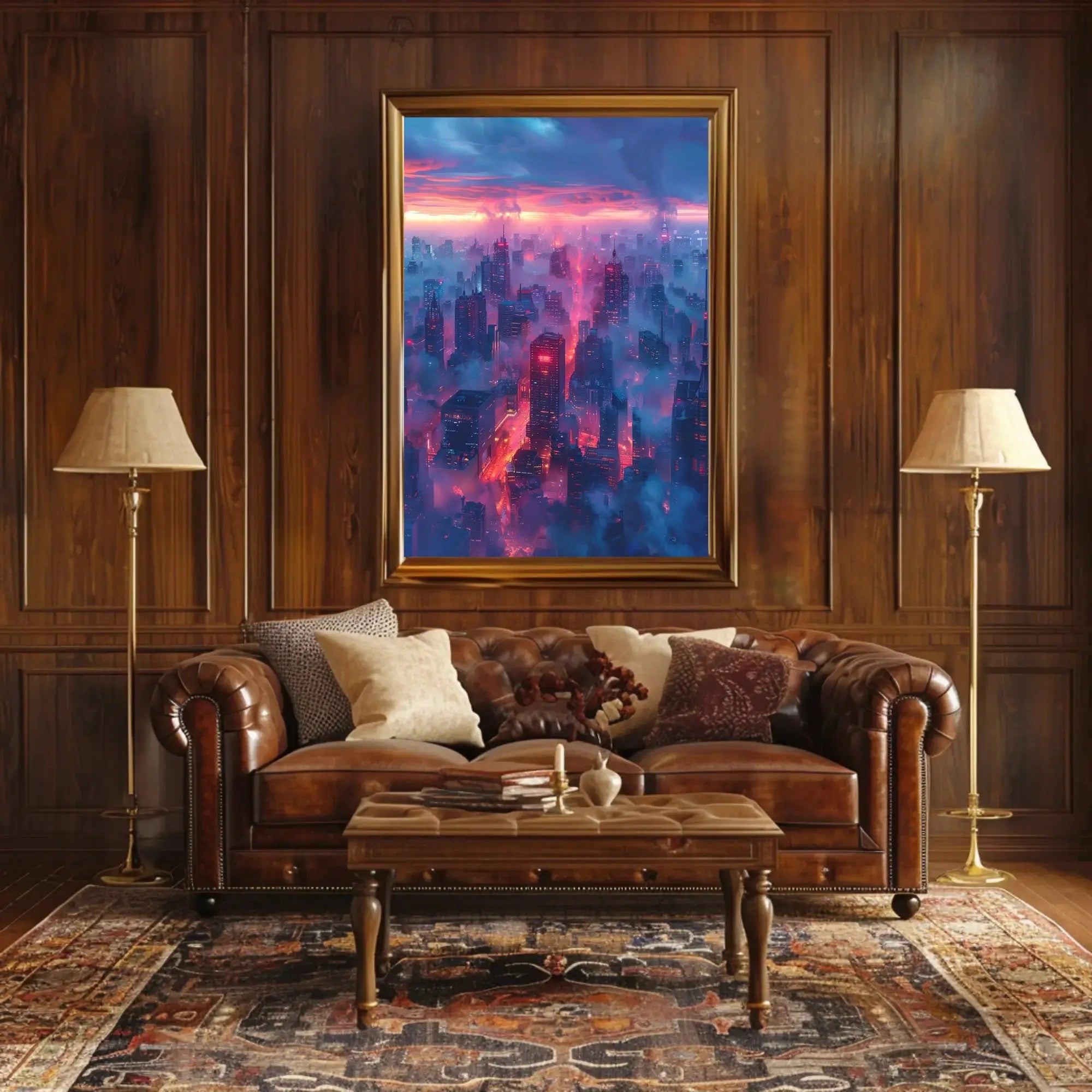 Futuristic Cityscape Illustration with Cyberpunk Aesthetic Poster PosterGoat