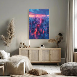 Futuristic Cityscape Illustration with Cyberpunk Aesthetic Poster PosterGoat