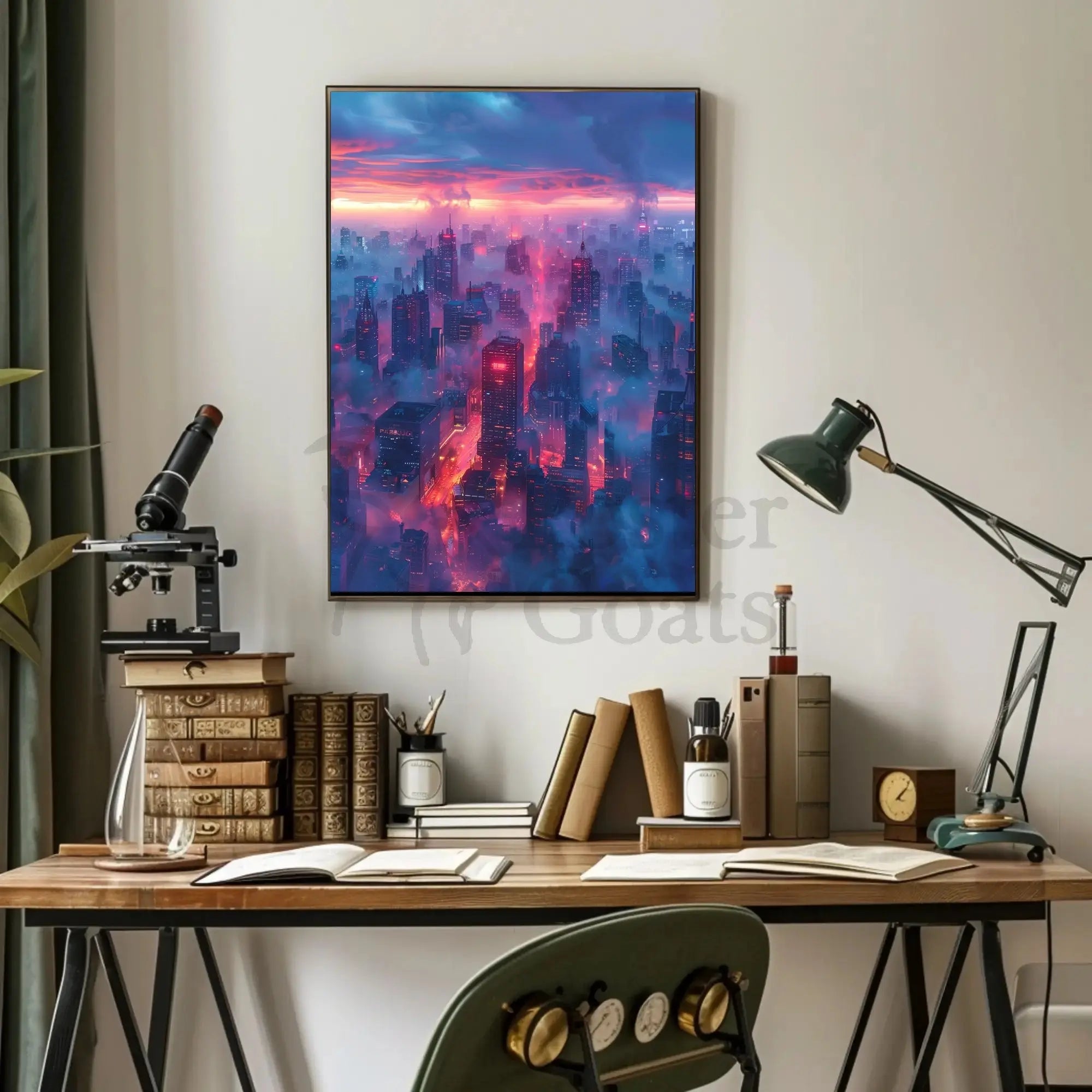 Futuristic Cityscape Illustration with Cyberpunk Aesthetic Poster PosterGoat