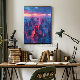 Futuristic Cityscape Illustration with Cyberpunk Aesthetic Poster PosterGoat