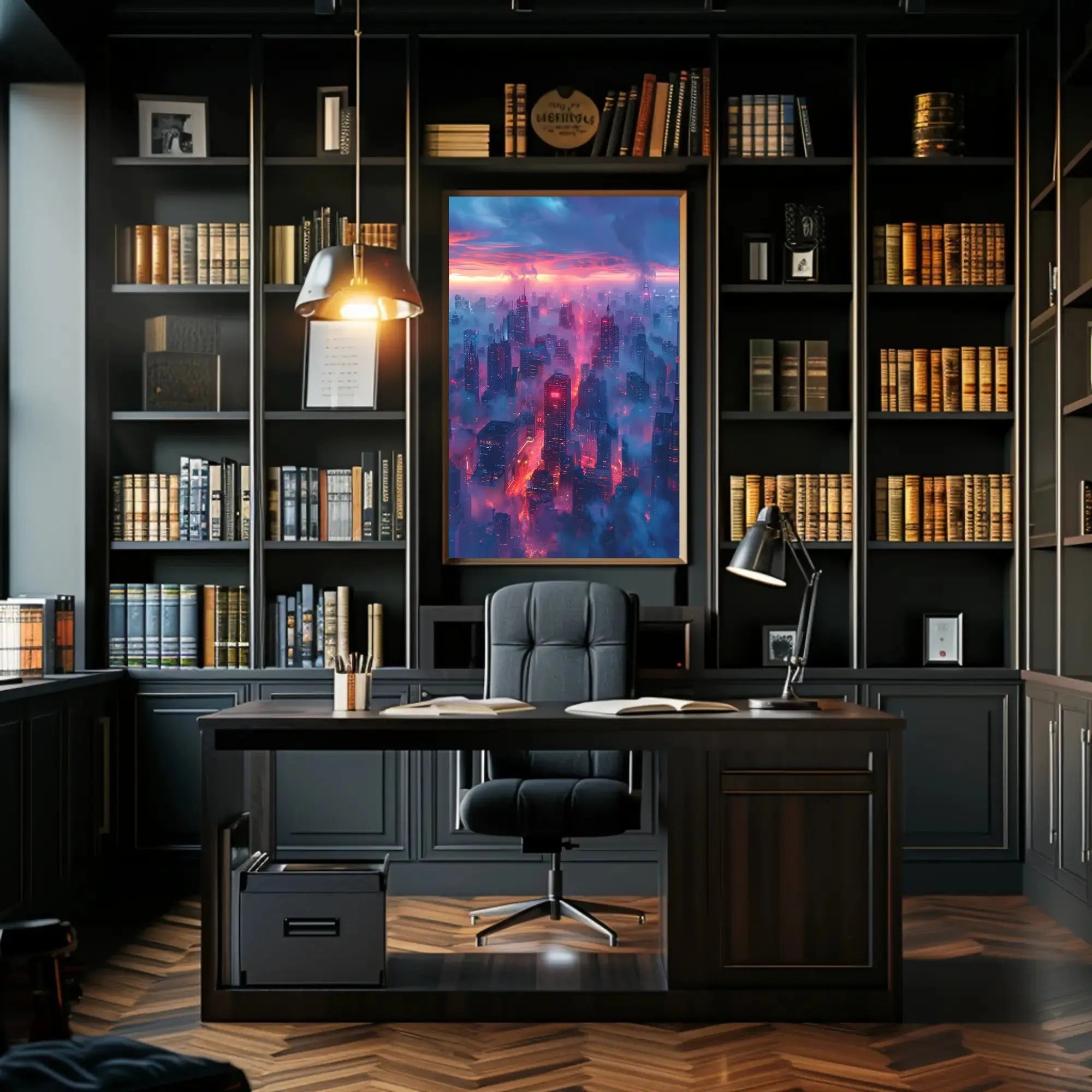 Futuristic Cityscape Illustration with Cyberpunk Aesthetic Poster PosterGoat