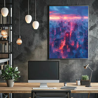 Futuristic Cityscape Illustration with Cyberpunk Aesthetic Poster PosterGoat