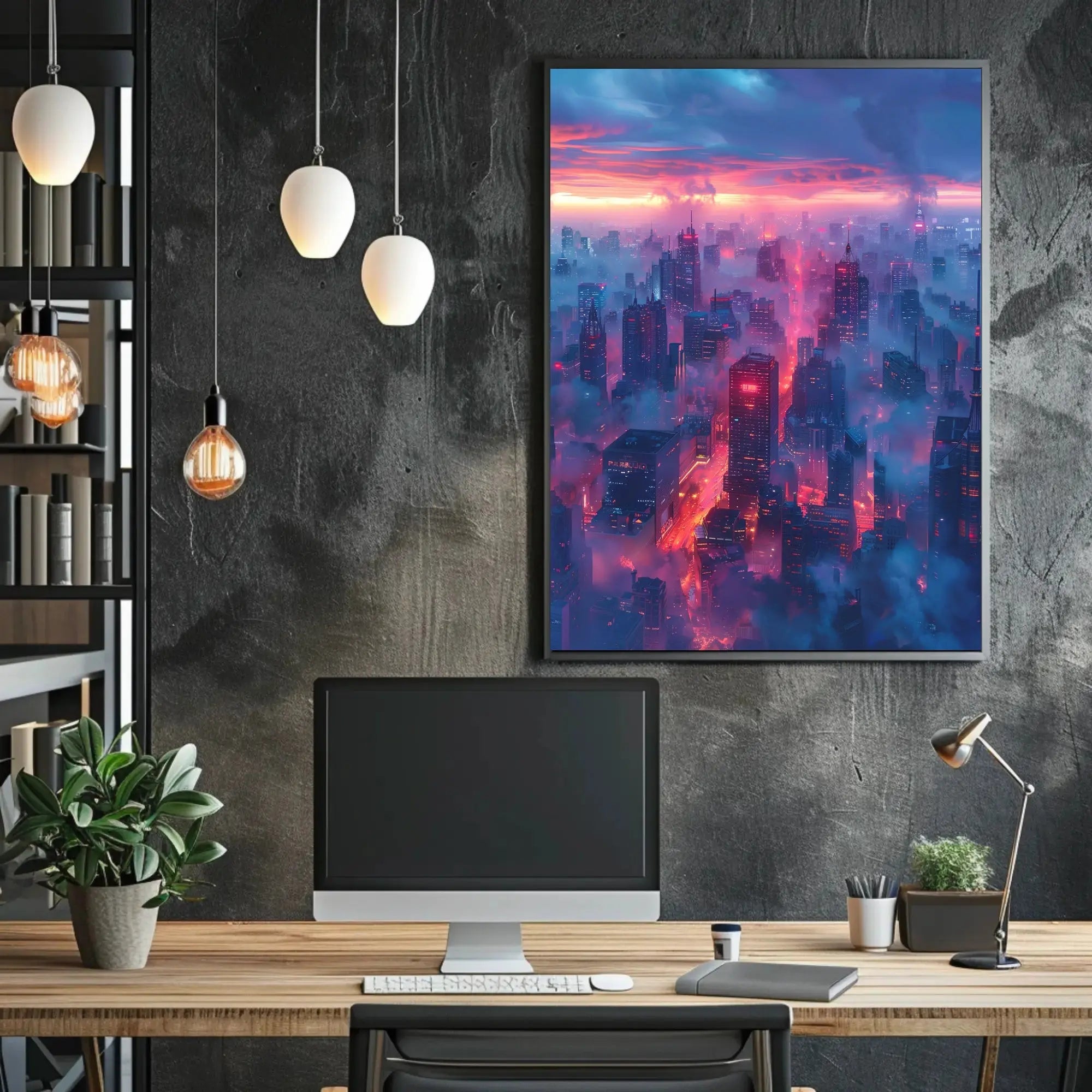 Futuristic Cityscape Illustration with Cyberpunk Aesthetic Poster PosterGoat