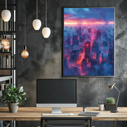 Futuristic Cityscape Illustration with Cyberpunk Aesthetic Poster PosterGoat