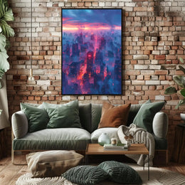 Futuristic Cityscape Illustration with Cyberpunk Aesthetic Poster PosterGoat