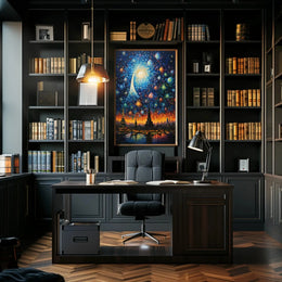 Futuristic Cityscape with Cosmic Sky - Abstract Artistic Poster PosterGoat