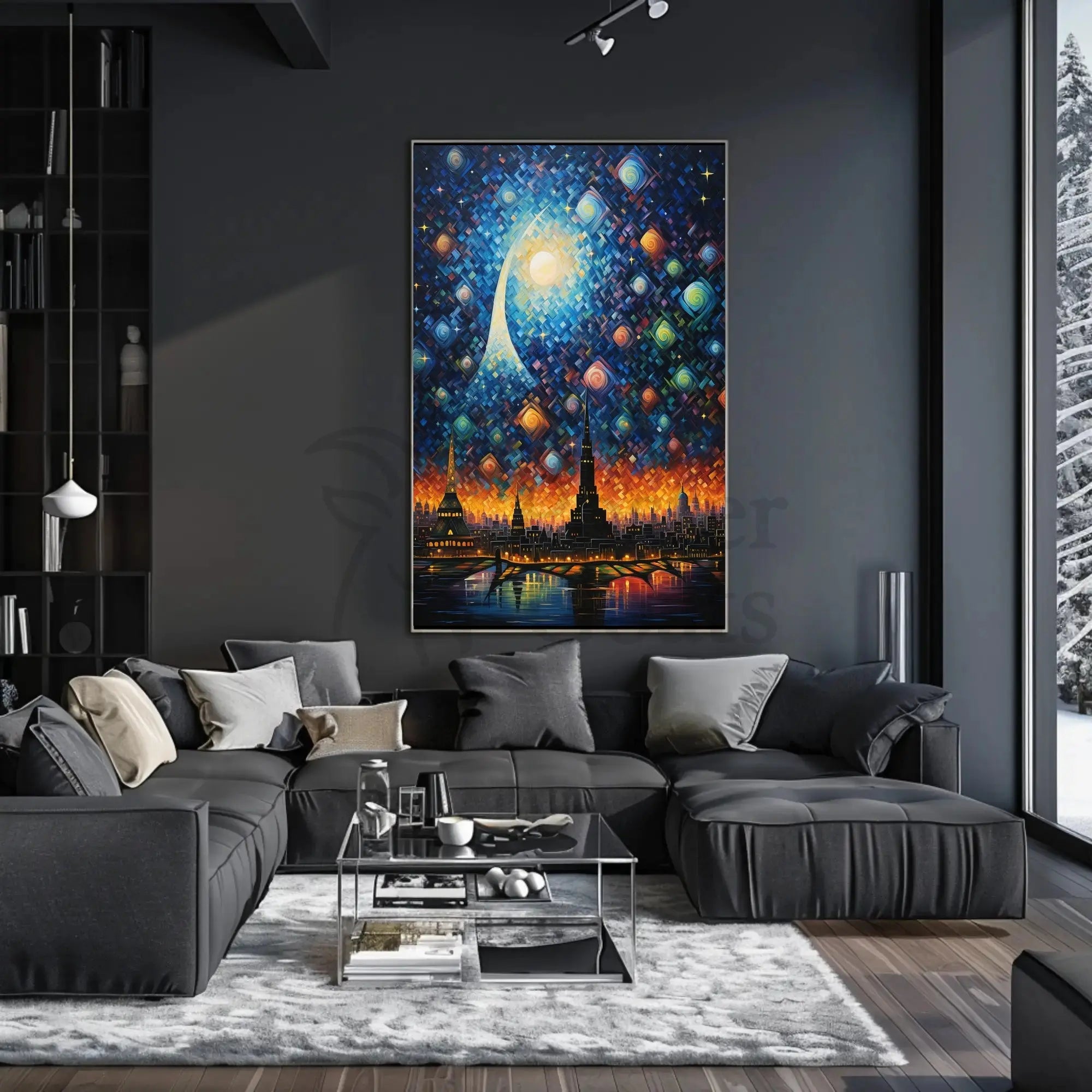 Futuristic Cityscape with Cosmic Sky - Abstract Artistic Poster PosterGoat