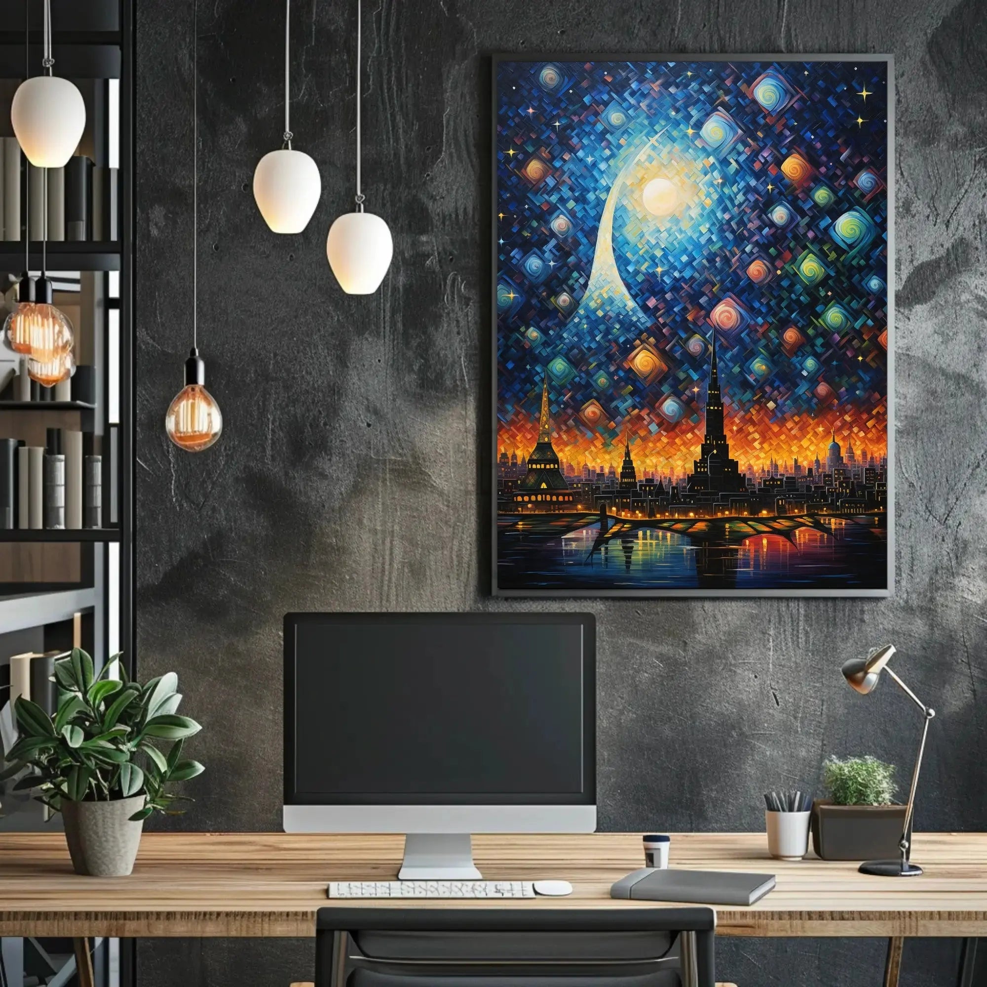 Futuristic Cityscape with Cosmic Sky - Abstract Artistic Poster PosterGoat