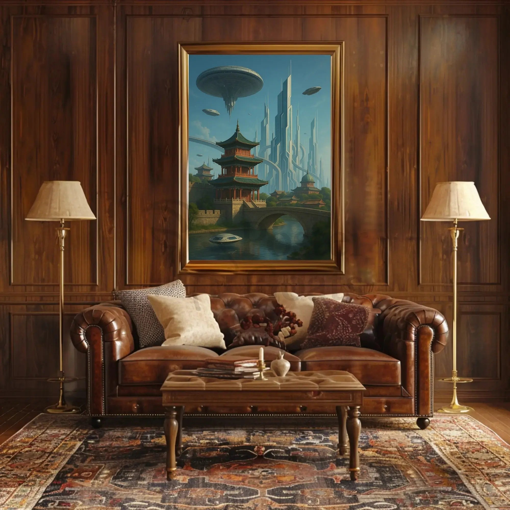 Futuristic Cityscape with Eastern Architecture Sci-Fi Poster PosterGoat