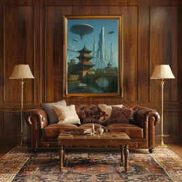 Futuristic Cityscape with Eastern Architecture Sci-Fi Poster PosterGoat