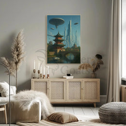 Futuristic Cityscape with Eastern Architecture Sci-Fi Poster PosterGoat
