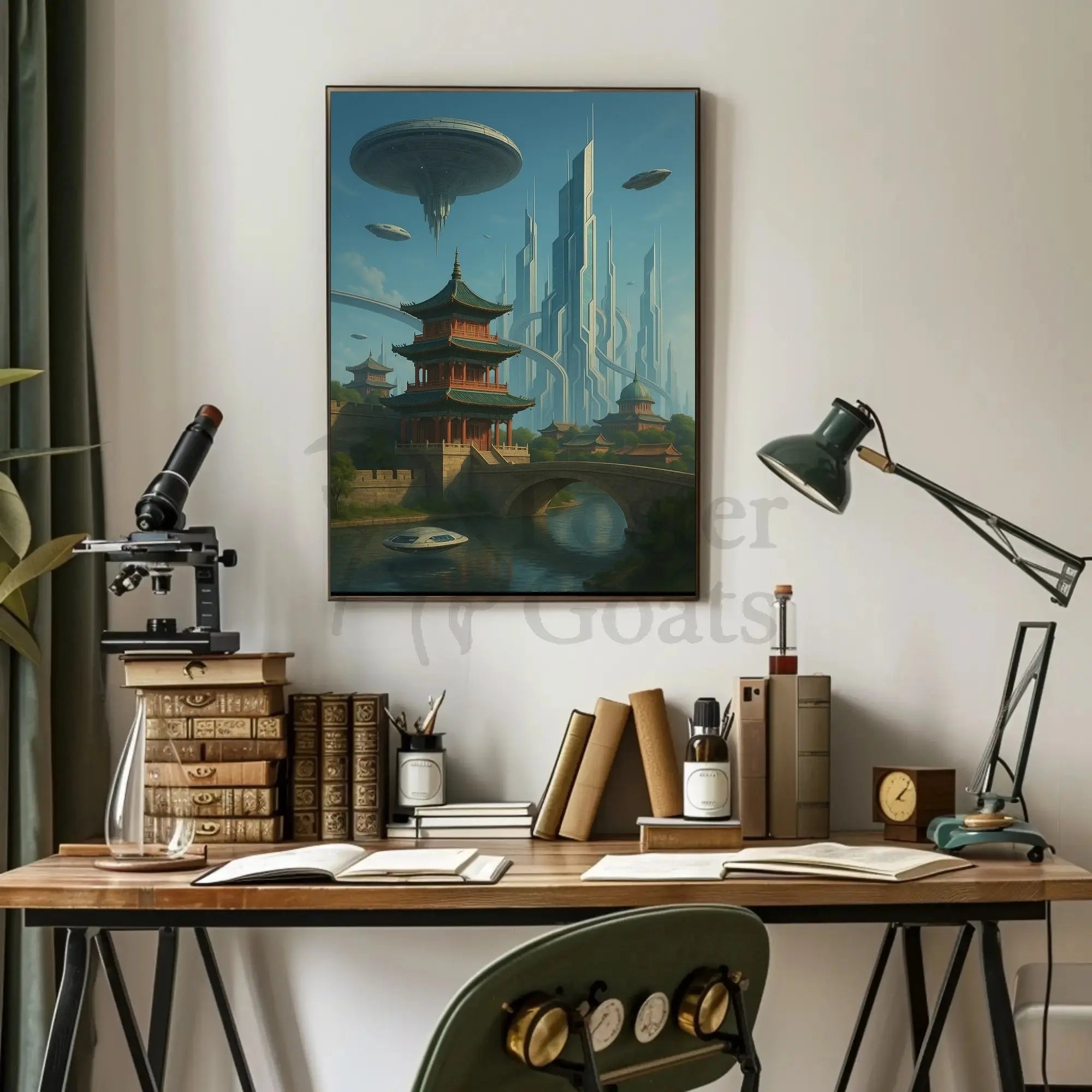 Futuristic Cityscape with Eastern Architecture Sci-Fi Poster PosterGoat