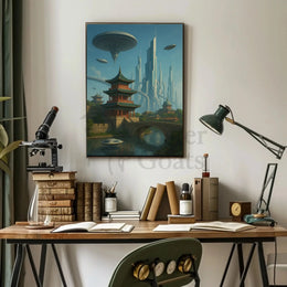 Futuristic Cityscape with Eastern Architecture Sci-Fi Poster PosterGoat