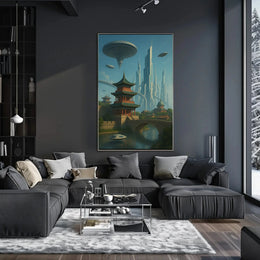 Futuristic Cityscape with Eastern Architecture Sci-Fi Poster PosterGoat