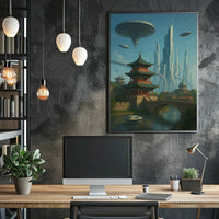 Futuristic Cityscape with Eastern Architecture Sci-Fi Poster PosterGoat