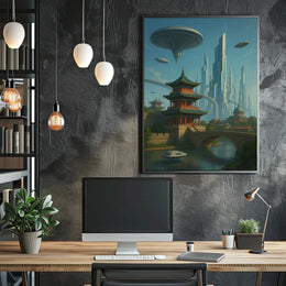 Futuristic Cityscape with Eastern Architecture Sci-Fi Poster PosterGoat
