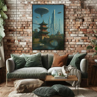 Futuristic Cityscape with Eastern Architecture Sci-Fi Poster PosterGoat