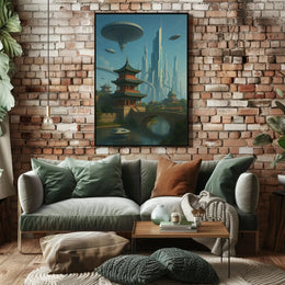 Futuristic Cityscape with Eastern Architecture Sci-Fi Poster PosterGoat