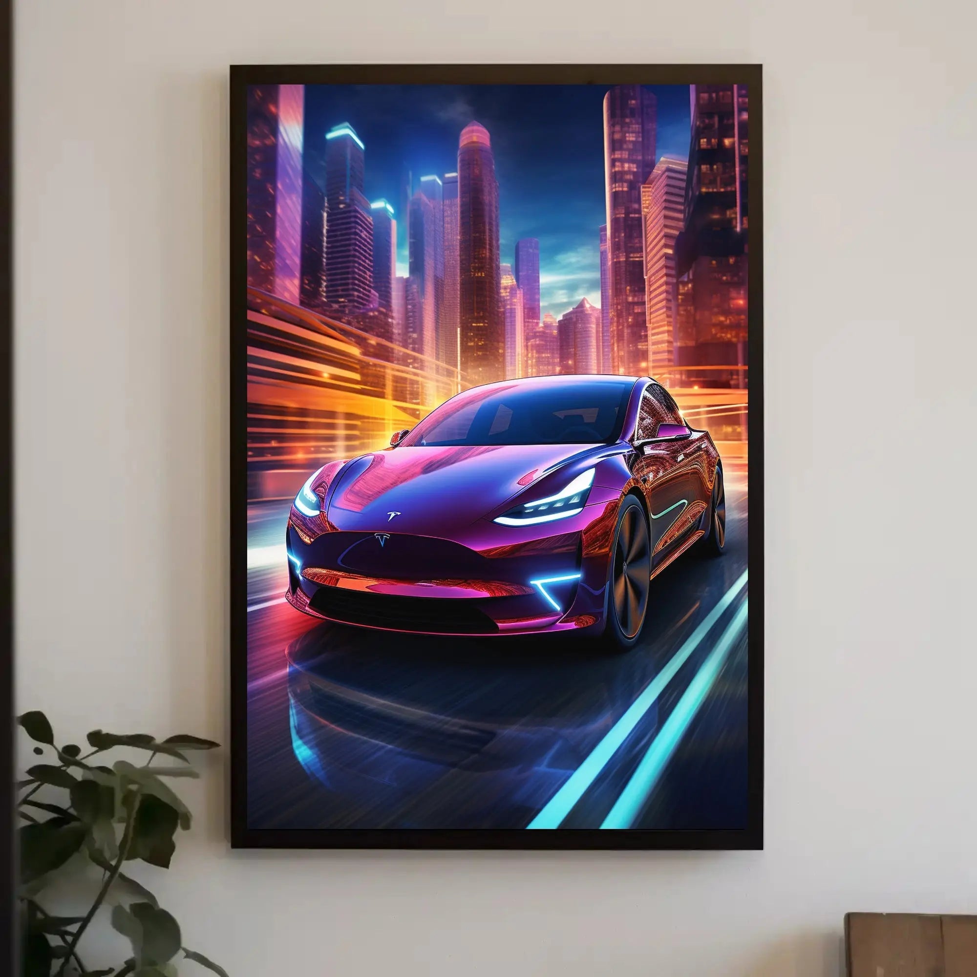 Futuristic Cityscape with Tesla: A Vibrant Sci-Fi Poster PosterGoat